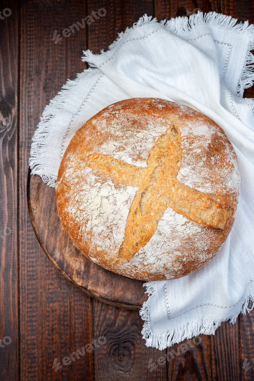Preview: Slow fermentation no knead Classic Boule bread, vertical, top view