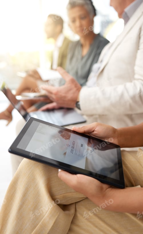 Preview: Tablet, search bar and business people in office for recruitment, job interview and application. Te