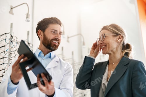 Preview: Ophthalmologist helps a woman choose glasses by showing her a mirror
