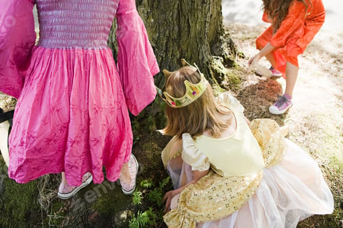 Preview: Three girls wearing dresses, one in a crown