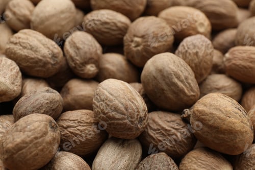 Preview: Heap of nutmeg seeds as background, closeup