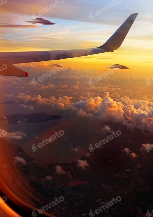 Preview: Sci fi, alien and a ufo from the window of a plane flying in the sky during a space mission or inva