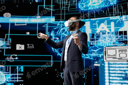 Preview: Business IT expert employs vr glasses and artificial intelligence brain