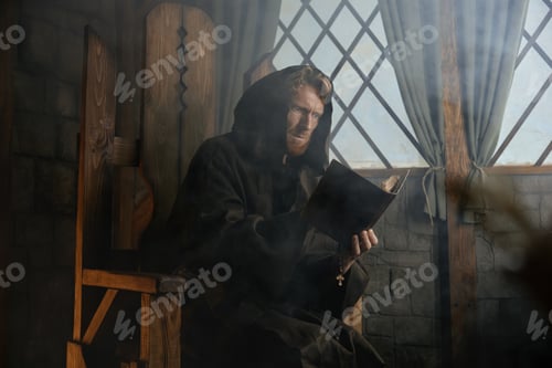 Preview: Old medieval monk reading sacred religious book praying with rosary beads in hand