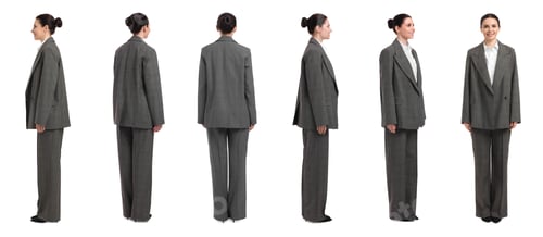 Preview: Beautiful woman in stylish suit on white background, collage. View from different sides