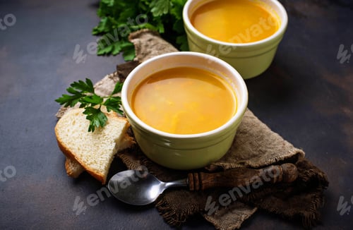 Preview: Bowls of hot vegetarian red lentil soup