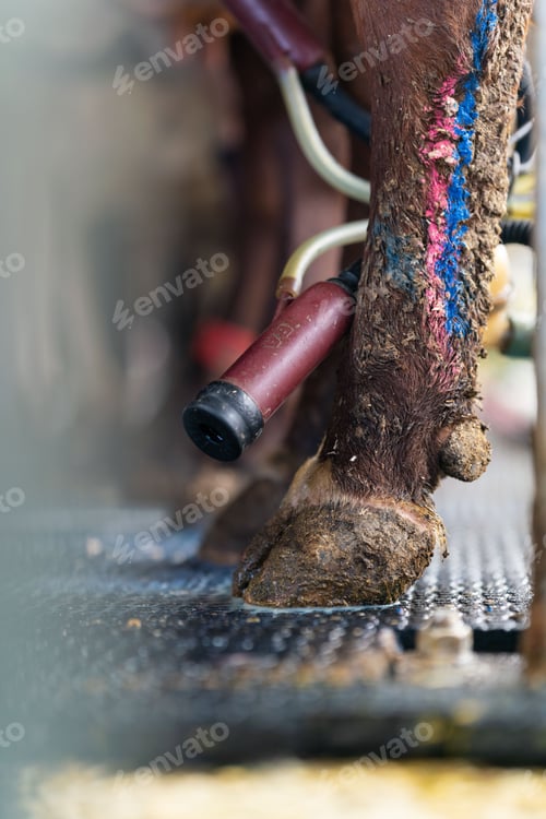 Preview: Close-up of a cow's hoof with milking machine attached, highlighting the dairy farming process.