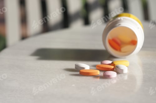 Preview: Pills are scattered and an open bottle is placed on the table, suggesting a recent use