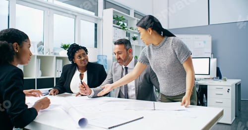 Preview: Architecture, planning and business people in meeting, blueprints and coworking in modern office. E