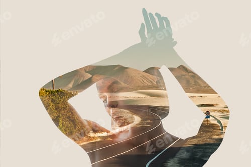 Preview: double exposure of beautiful woman with raised hands isolated on grey