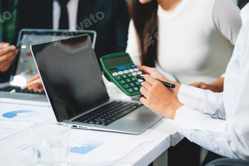 Preview: Business documents on office table with smart phone and calculator digital tablet