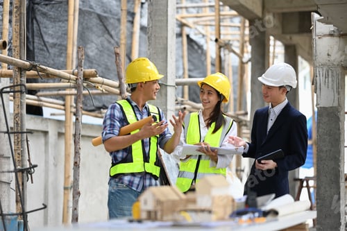 Preview: A team of construction professionals in safety hard hats planning development details.