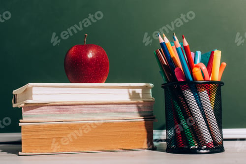 Preview: ripe apple on books and pen holder with color pencils and felt pens on desk near green chalkboard