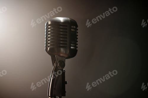 Preview: Classic Studio Microphone Illuminated by Spotlight Awaiting Jazz Performance