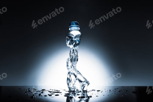 Preview: crumpled plastic bottle of water on dark