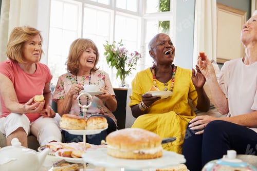 Preview: Senior Female Friends Enjoying Afternoon Tea At Home Together