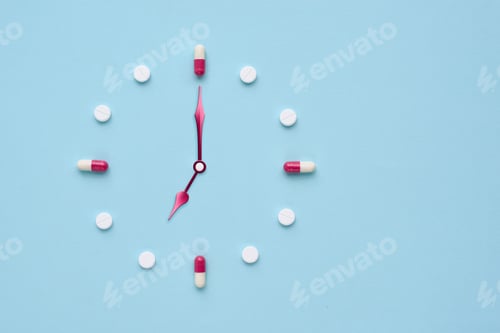 Preview: Clock created from pills and capsules on pastel blue background