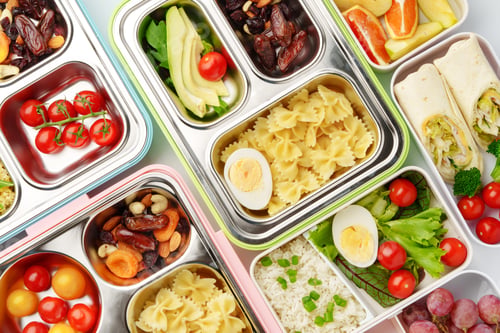 Preview: Many containers with delicious healthy food for background