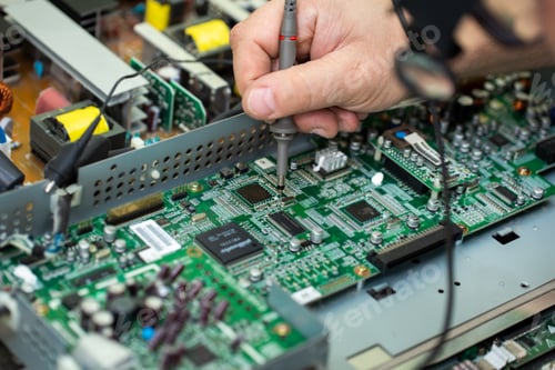 Preview: An electrician measures the voltage while repairing an LSD TV in a service center.