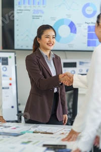 Preview: Businesswomen shaking hands after successful meeting in modern office