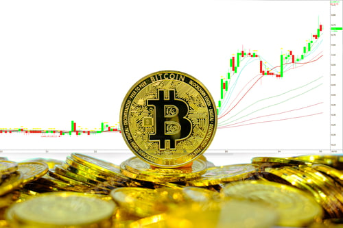 Preview: Golden bitcoin cryptocurrency on stack gold coin at trading chart background