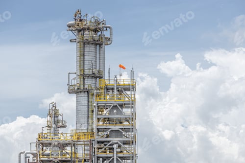 Preview: Oil petroleum refinery plant building distillation columns tower, part of fuel gas pipe complex,