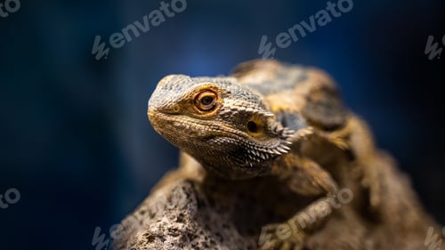 Preview: Close up shot of a small agama lizard in a terrarium on a blurry background