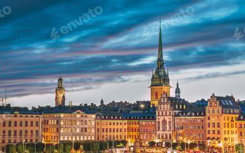 Preview: Stockholm, Sweden. Scenic View Of Skyline At Evening Night. Towe