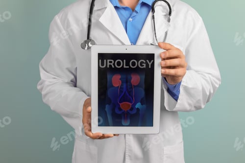 Preview: Male doctor holding tablet with urinary system on screen against color background