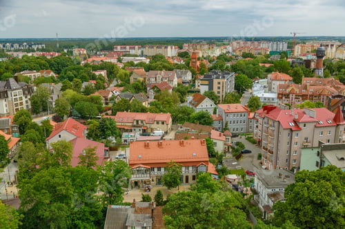 Preview: Elevated panoramic view of the resort town of Zelenogradsk, showcasing residential buildings