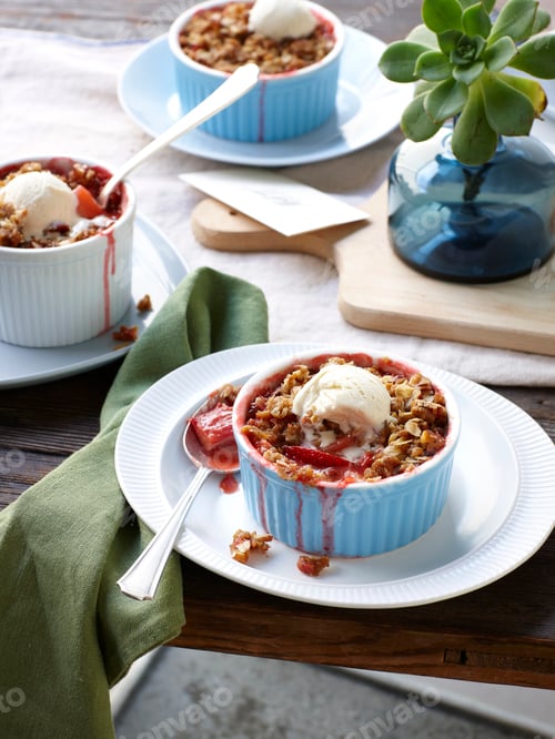 Preview: strawberry crumbles with ice cream served on plate
