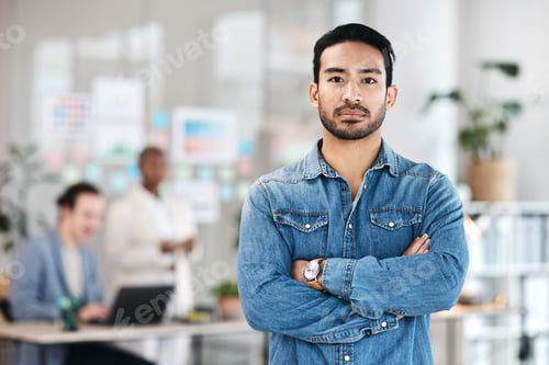 Preview: Portrait, confidence and man in office with mockup, leadership and startup business ceo. Serious pr