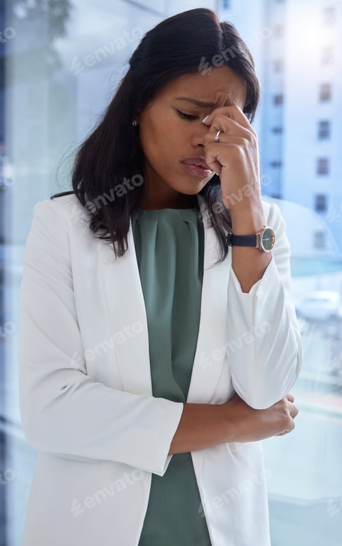 Preview: Window, business and black woman with stress, burnout and overworked in office, depression or anxie