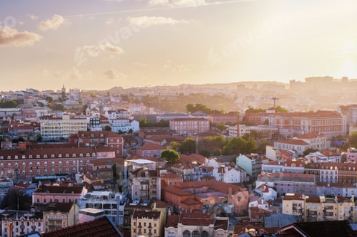 Preview: Sunset contre-jour view of Lisbon from Miradouro da Senhora do Monte viewpoint. Lisbon, Portugal