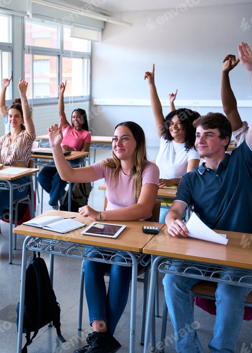Visualização: Vista traseira de uma aluna na sala de aula levantando a mão para fazer uma pergunta durante a aula