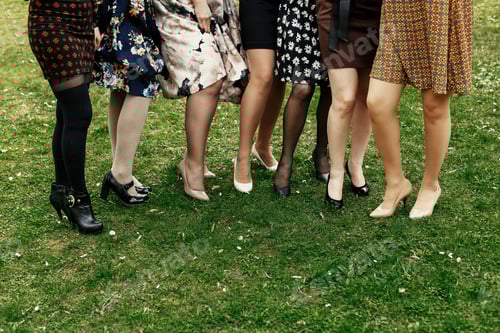 Preview: stylish elegant women showing legs at celebration in sunny park