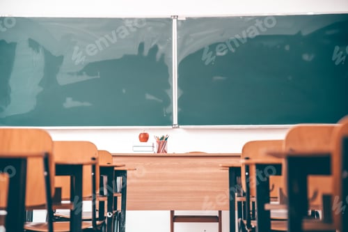 Preview: Empty Classroom with Blackboard and Wooden Chairs
