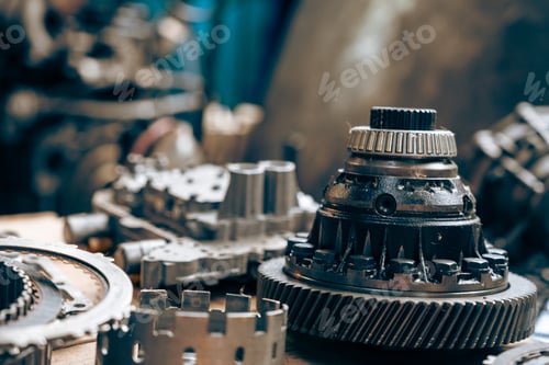 Preview: Steampunk texture, background with mechanical parts, gear wheels Stylized of a steampunk mechanical