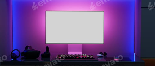 Preview: Modern gamer computer desk setup with RGB lights on the background, PC computer