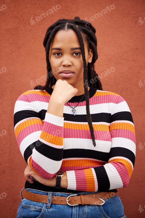 Preview: Wall, portrait and black woman with fashion, serious and casual outfit on studio background. Face,