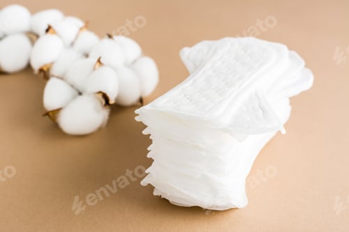 Preview: A stack of clean disposable sanitary pads and a branch of cotton on a beige background.