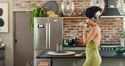 Preview: Woman, coffee and morning in kitchen with thinking, idea and calm in a new home with mug. Espresso,