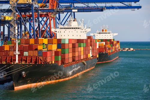 Preview: Containers on a vessel. Global market. Cargo shipping. International economy