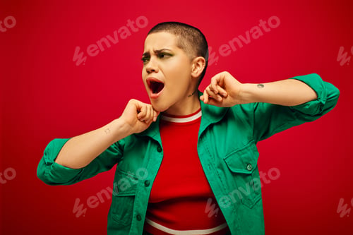 Preview: emotional, bold makeup, generation z, youth culture, shocked young woman with short hair posing