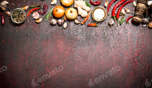 Preview: Fresh spices. A variety of aromatic spices with chili peppers and onions. On rustic background.