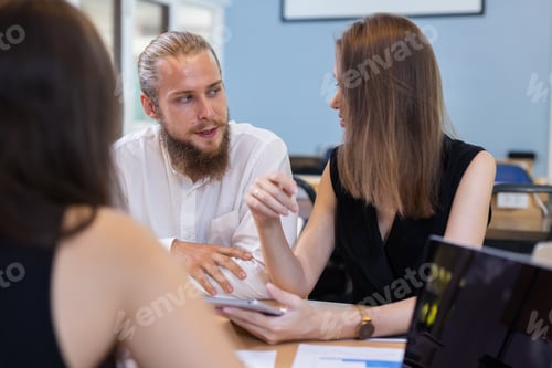 Preview: Man and woman talking brainstorming. Discuss and exchange ideas.