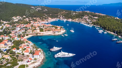 Preview: Aerial drone view of Fiskardo village port on Kefalonia island, Greece