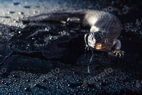 Preview: Black blue tongued lizard in wet dark shiny environement