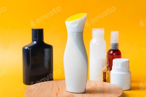 Preview: Stylish Cosmetic Bottles on Yellow Background