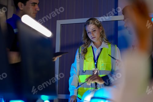 Preview: A happy, diverse team of engineers in safety vests collaborates at night.